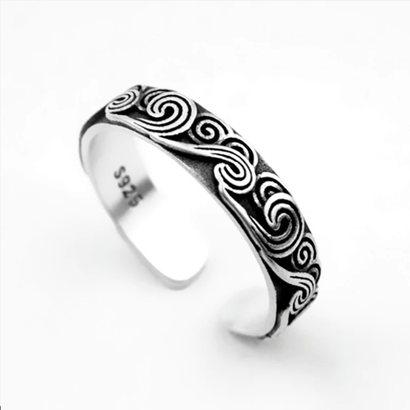 VENTFILLE 925 Sterling Silver New Ethnic Style Vintage Auspicious Clouds Wave Opening Ring Women Simple Personality Jewelry