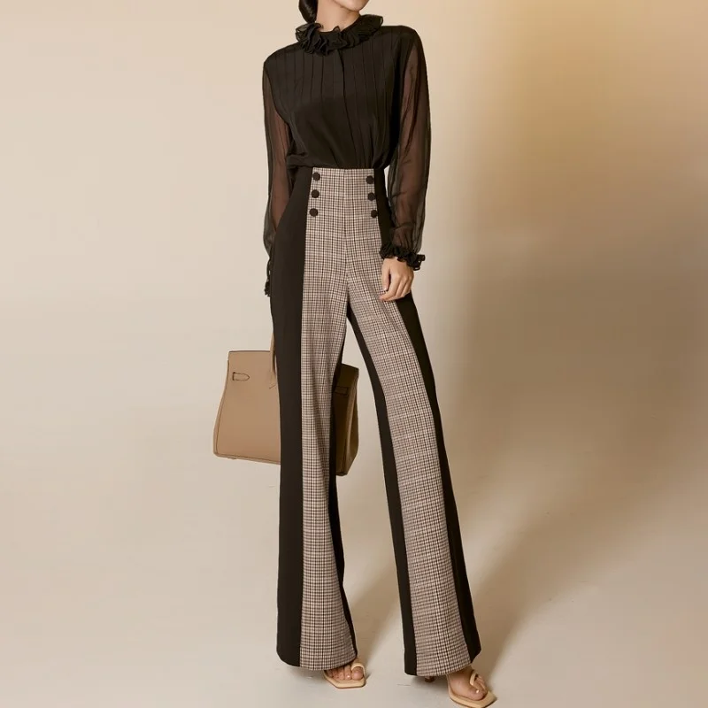 Waist High Wide Leg Trousers Ladies Elegant Vintage Mixed Color Plaid Double-Breasted Decoration Women Loose Black Flare Pants