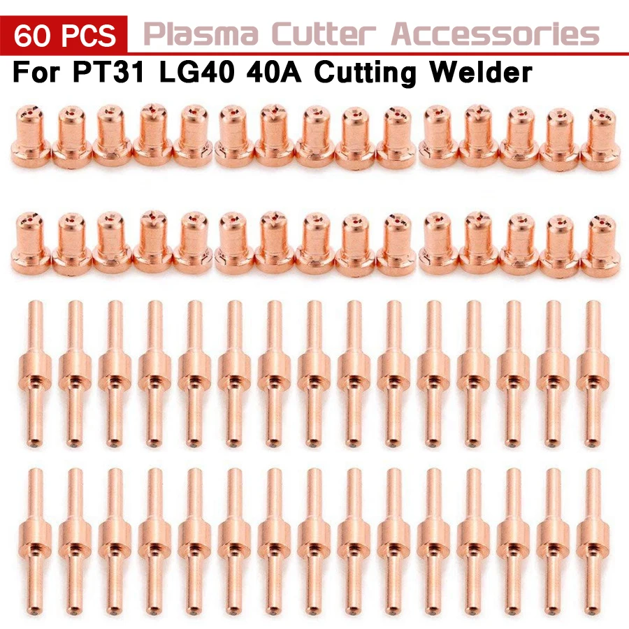 60pcs Red Copper Extended Long Plasma Cutter Tip Electrodes/Nozzles Kit Mayitr Consumable For PT31 LG40 40A Cutting Welder