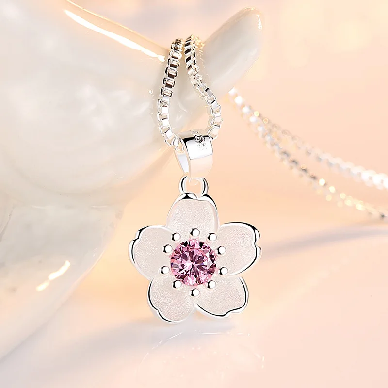 Cute Flower Pendant Necklaces For Women Romantic Cherry Blossoms Pink/Purple Zircon Stone Lovely Pendant Jewelry For Lady Girls