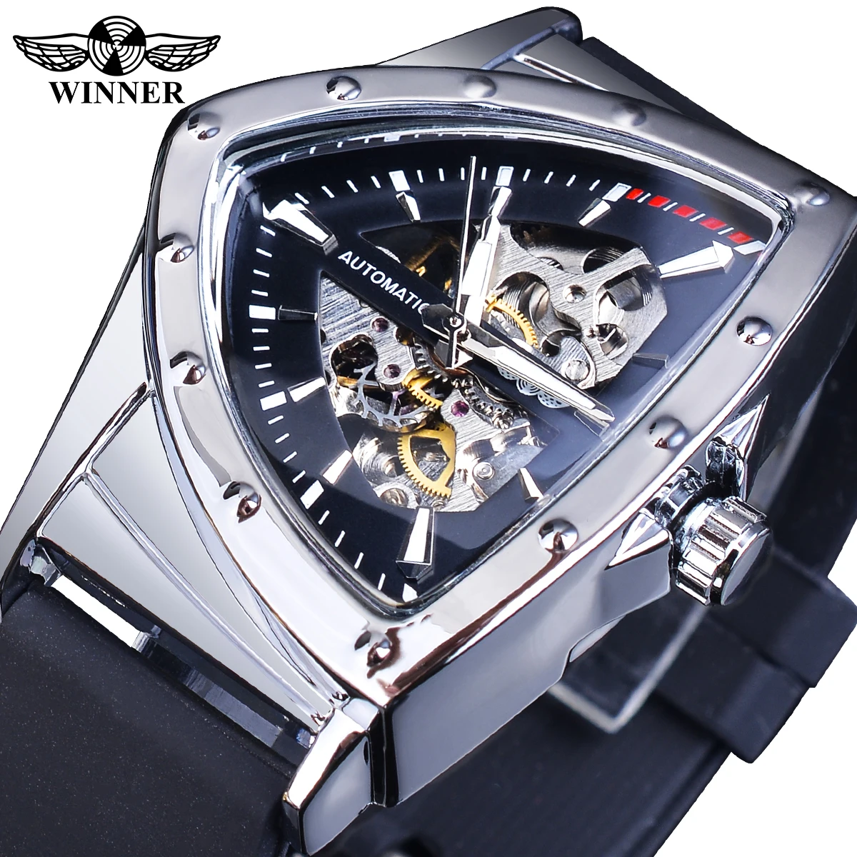 

WINNER Irregular Men Military Watch Skeleton Men's Mechanical Watches Triangle Automatic Wristwatch Black Strap Reloj Hombre