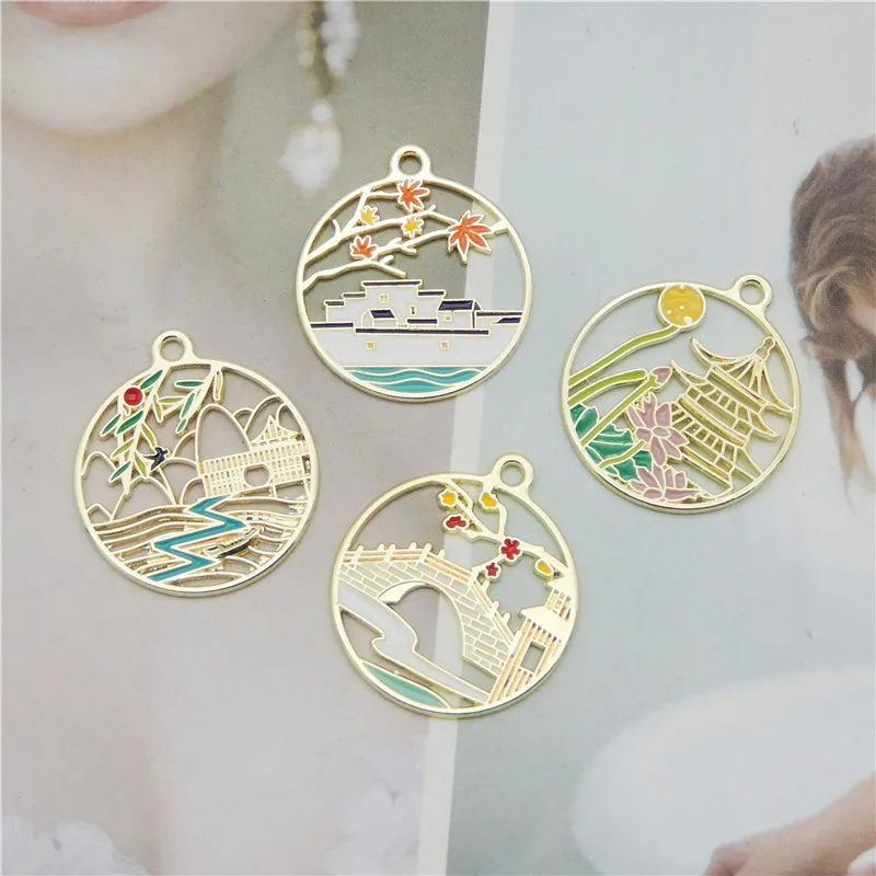 Julie Wang 4PCS Enamel China Traditional Architecture Charms Alloy Hollow Round Pendant Bracelet Jewelry Making Accessory