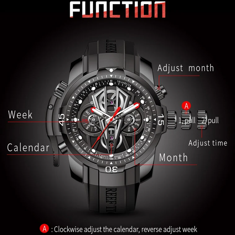 Reef Tiger men watch,mens automatic watches man punk mechanical wristwatch sport military clock Switzerland relogio masculino