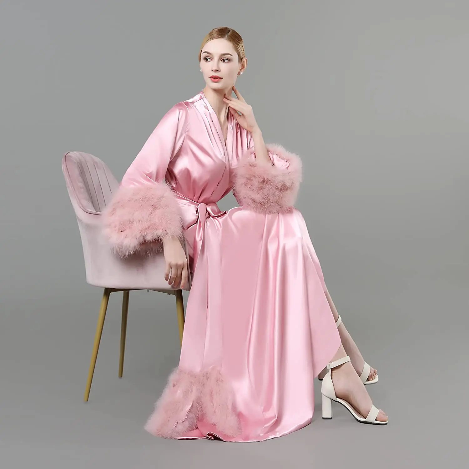 Pink Feather Silk Women Robe Long Sleeve Sexy Nightgown Ruffles Silk Satin Sleepwear Bathrobe Pajamas Prom Bridesmaid Shawel