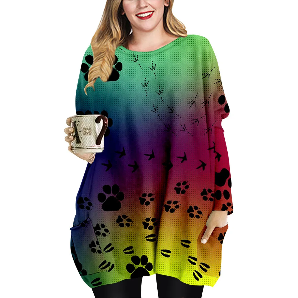 

Spring Fall Women Mini Dresses Loose Sexy O-neck Long Sleeve Dog Print Beach Dress Ladies Dress Tops
