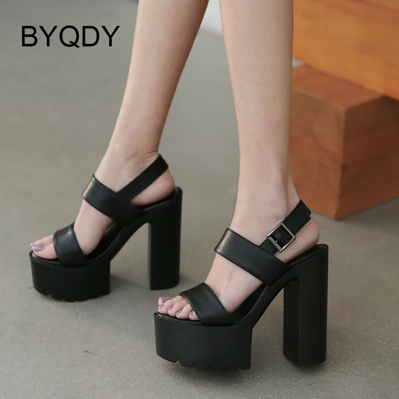 BYQDY Block Heels Sandals Woman Ankle Strap Classics Summer Casual Shoes Platform Sandals Women 2022 New Summer Black Leather