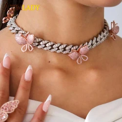 Bling Iced Out 12mm Width Hiphop Colorful Rainbow Cz Cuban Link Chain Zircon Big Butterfly Charm Choker Necklace For Women