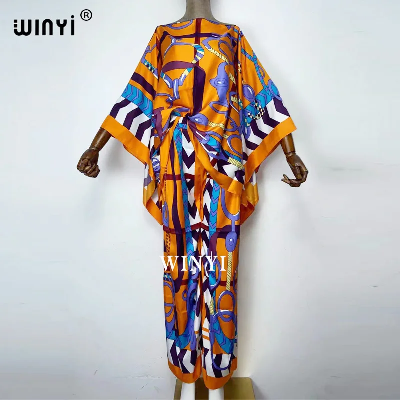 WINYI-traje de dos piezas con estampado bohemio para mujer, Vestido de manga de murciélago, seda elástica, largo hasta el suelo, talla grande,