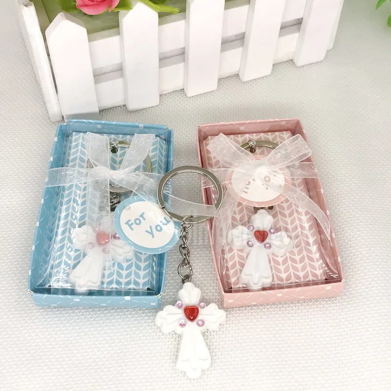 

White Cross Keychain In Gift Box Birthday Souvenir Baby Christening Gift 30pcs/lot