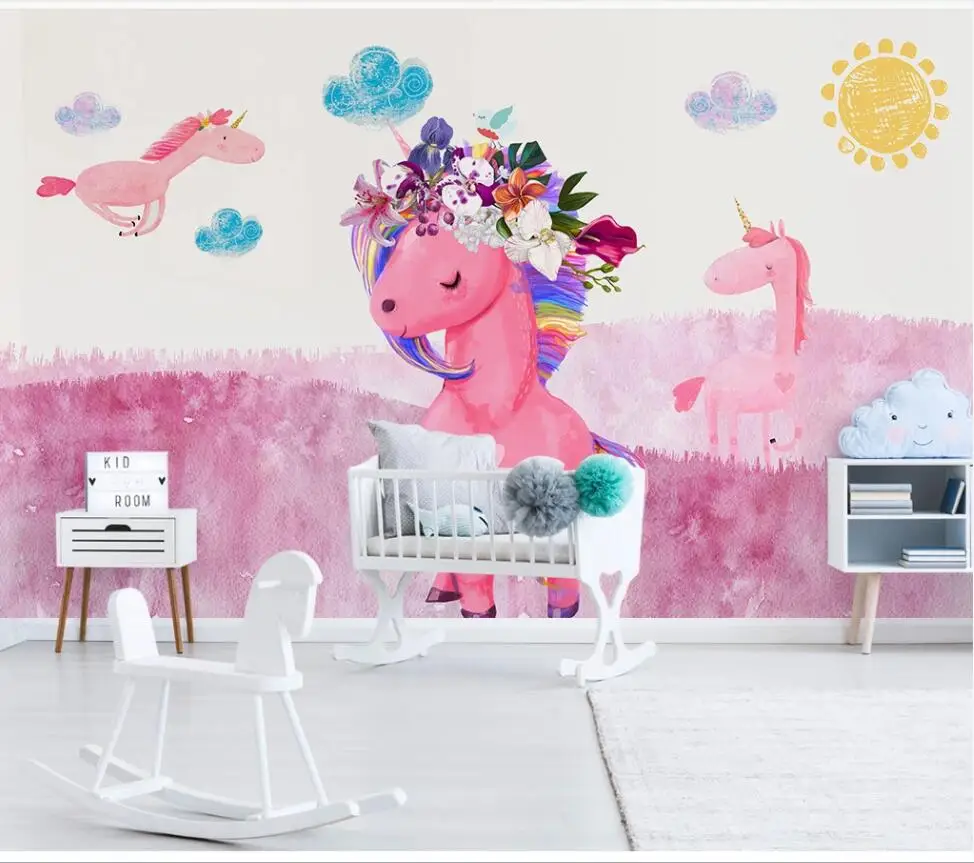 

XUE SU Large custom mural wallpaper Nordic modern minimalist hand-painted pink unicorn children's room background wall