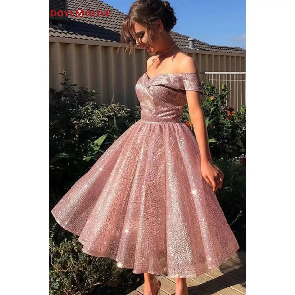 Shiny Off Shoulder Pink Prom Dress Bling Sequined Ball Gown Sweetheart Tea Length robe soiree Dubai Woman Ceremony Gown Evening