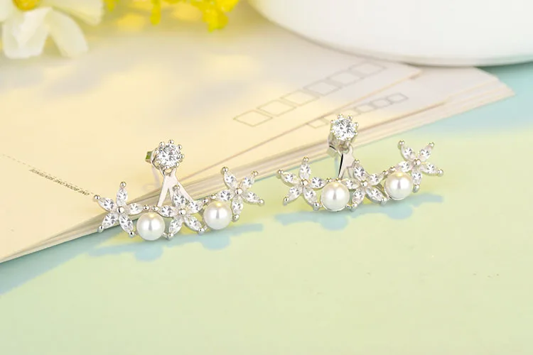 Promotion Crystal Flower Female Fashion Elegant Pearl Star 925 Silver Needle Ladies Stud Earrings Jewelry Birthday Gifts