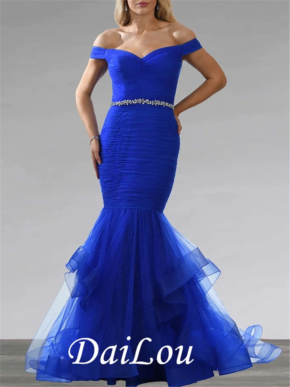 Mermaid Moeder Van De Bruid Jurk Elegante Sexy Off Shoulder Floor Lengte Tulle Korte Mouw Met Tier Crystal Broche Ruching