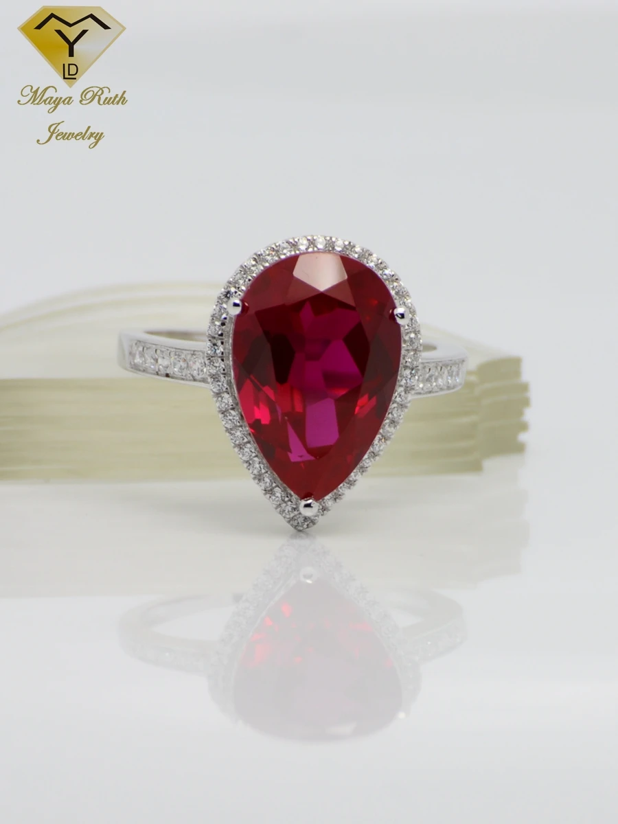 Gemaakt Ruby Real Echt 925 Sterling Silver Party Cocktail Ring Voor Vrouwen Peer Druppelvorm Imitatie Rode Edelsteen Vrouwelijke Geschenken