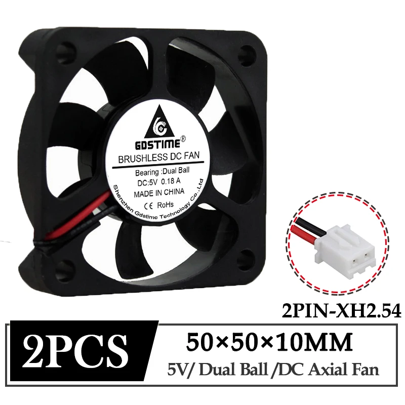 

2Pcs Gdstime DC 5V Fan 50X50X10mm 50mm Ball Bearing Mini Brushless Axial Cooling Fan 5cm 5010B Industrial Cooler