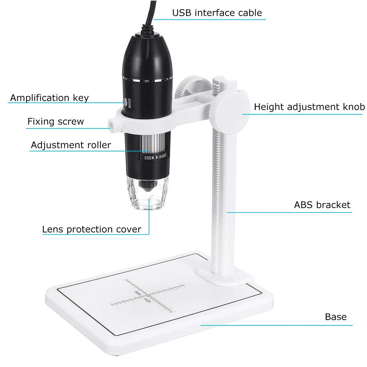 Microscopio Digital profesional USB, endoscopio electrónico con Zoom, cámara, lupa, adaptador de soporte de elevación, 1600X, 8 LED, 2MP