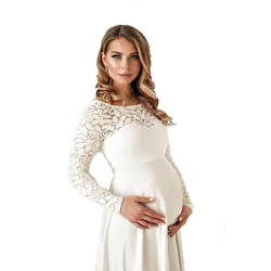 White Chiffon Lace Maternity Dresses for Photo Shoot Long Hollow Out Maternity Photography Props Dresses for Pregnant Women