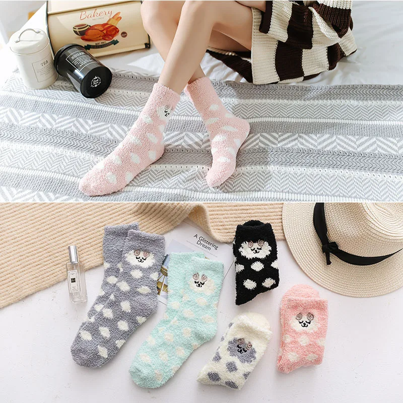 

women's cozy soft warm breathable coral wool socks cartoon embroidered thicken Autumn /Winter warm socks floor socks terry socks