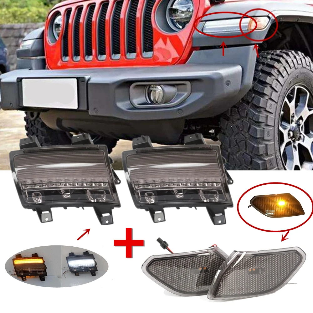 

For Jeep Wrangler JL 2018 2019 Front Fender Flares Smoked LED Side Maker Lights I Daytime Running Light Amber Turn Signal Lamp