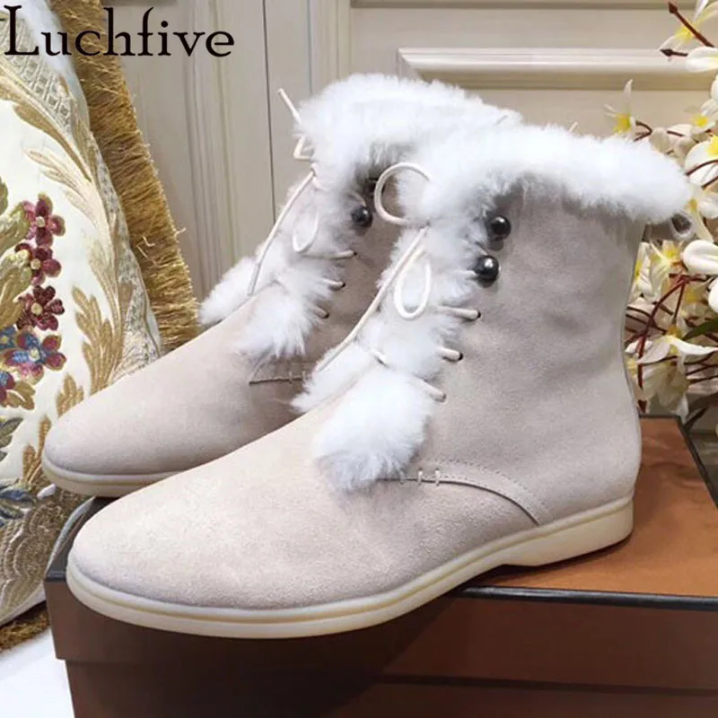 Natural Fur Snow Boots for Women Suede Leather High-help Lace up Flat Ankle  Boots Comfortable Wool Warm Winter Boots Mujer