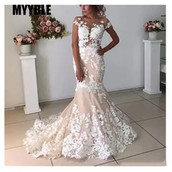 Customized Champagne Mermaid Wedding Dresses Backless Robe de mariee Vintage Lace Bridal Gown Lace Up Back cheap contrast color