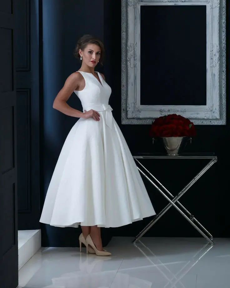 Vintage Trà Chiều Dài Cổ Chữ V Satin Váy Áo Có Túi Chữ A Màu Trắng Dây Kéo Lưng Cô Dâu Đồ Bầu Cho Nữ Ảnh Thật