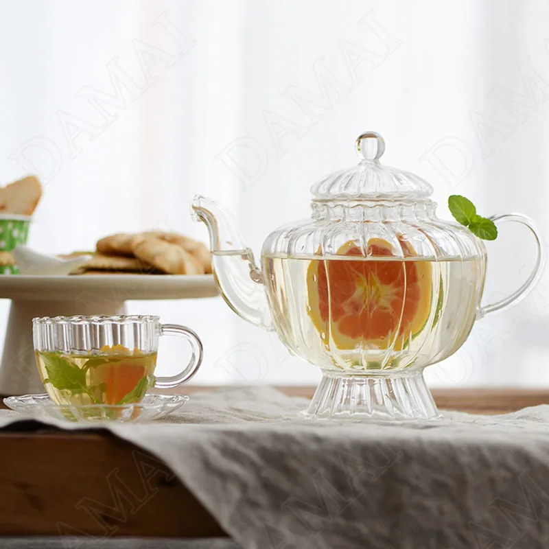 

European Glass Teapot Set Transparent Relief Decorative Afternoon Tea Cup and Saucer Sets Simplicity Home Decoration Modern