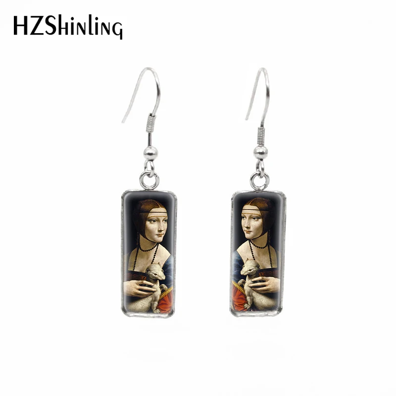 2019 New Vintage Famous Oil Painting Mona Lisa Rectangular Earrings Leonardo Da Vinci Arts Fish Hook Earring Glass Jewelry