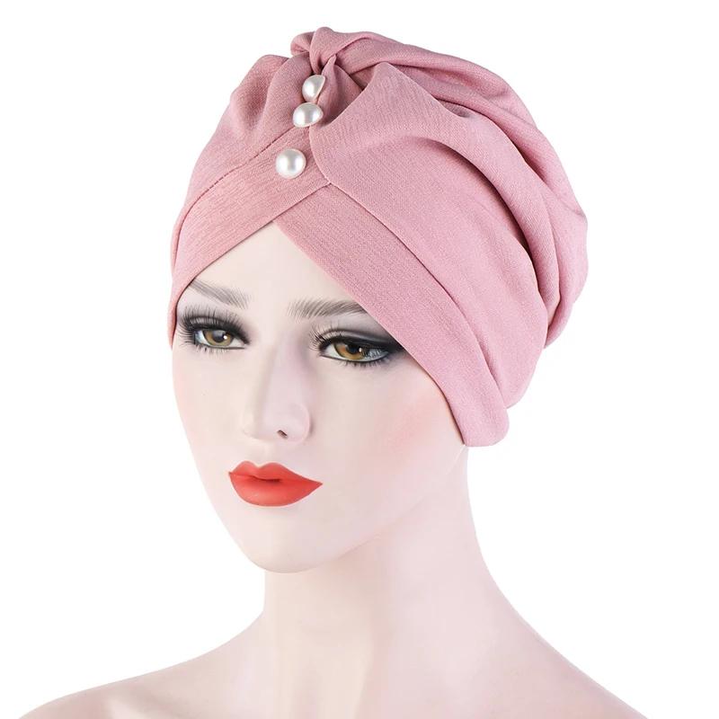 

2020 new Muslim turban Islamic stretch cross hat scarf female elegant headscarf pearl decoration Hijabs for women solid turban