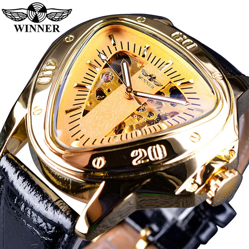 Top Brand Winner Steampunk Fashion Triangle Golden Skeleton Movement Watches Mysterious Men Automatic Mechanical Wrist Watches