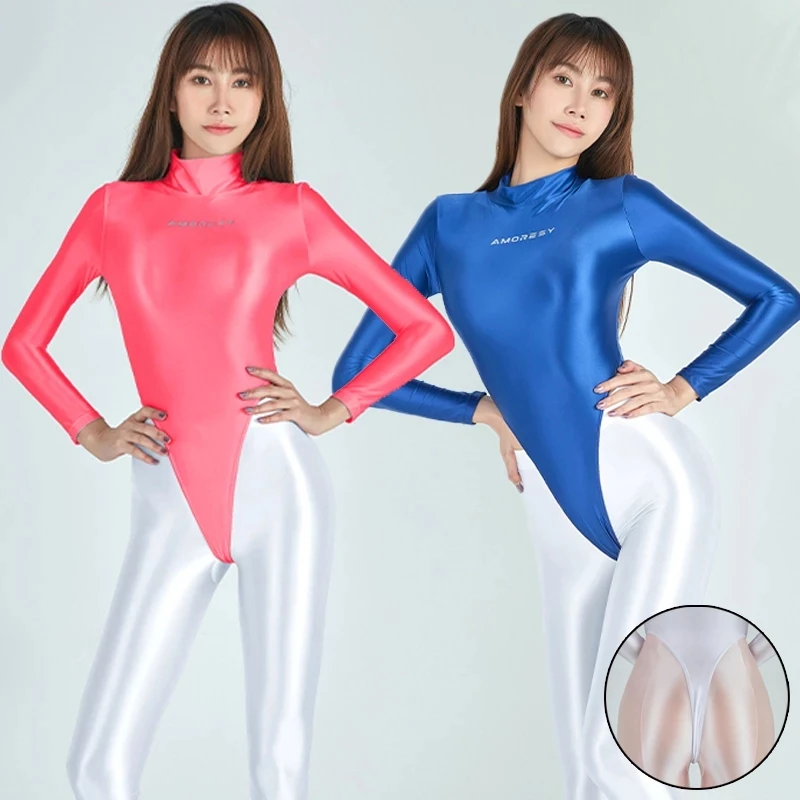 Japan One piece T-shaped swimsuit women's sexy tight gloss high fork long sleeve Tight Elasticity Silky zipper Fitness clothes