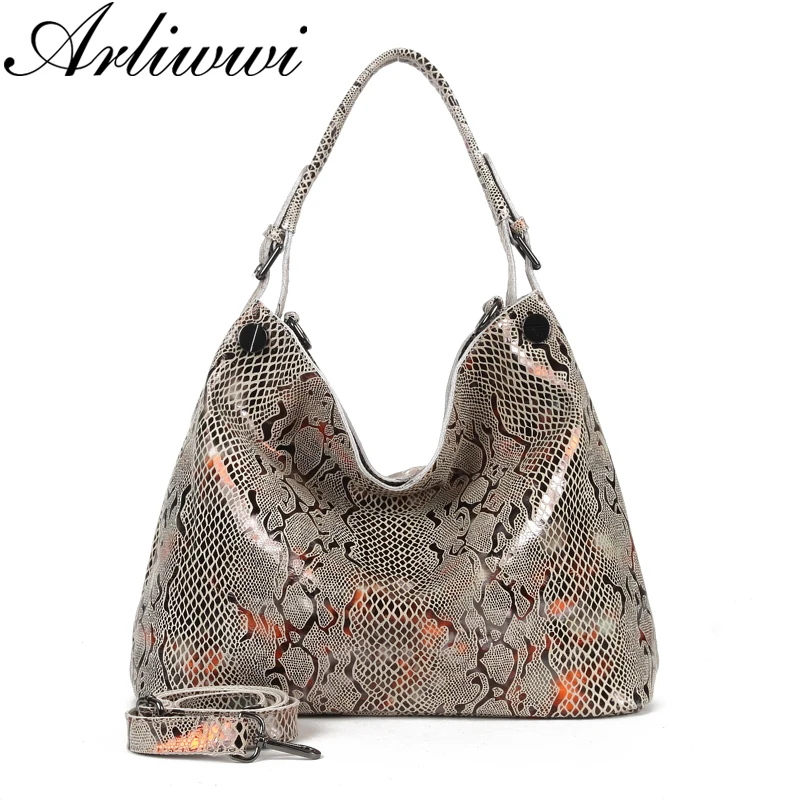 

Arliwwi Female Genuine Leather Shoulder Bags New Serpentine Embossed Shiny Cross Body Real Cow Leather Handbags Women GL08