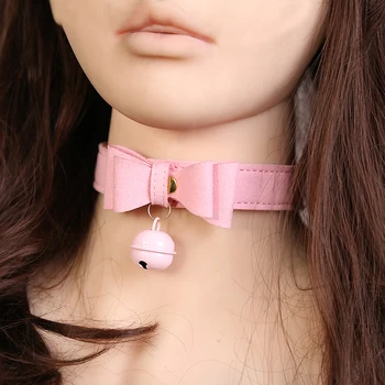 PU Leather Bow Collar Necklace Choker with Bell Cosplay Kitty Necklace Pink