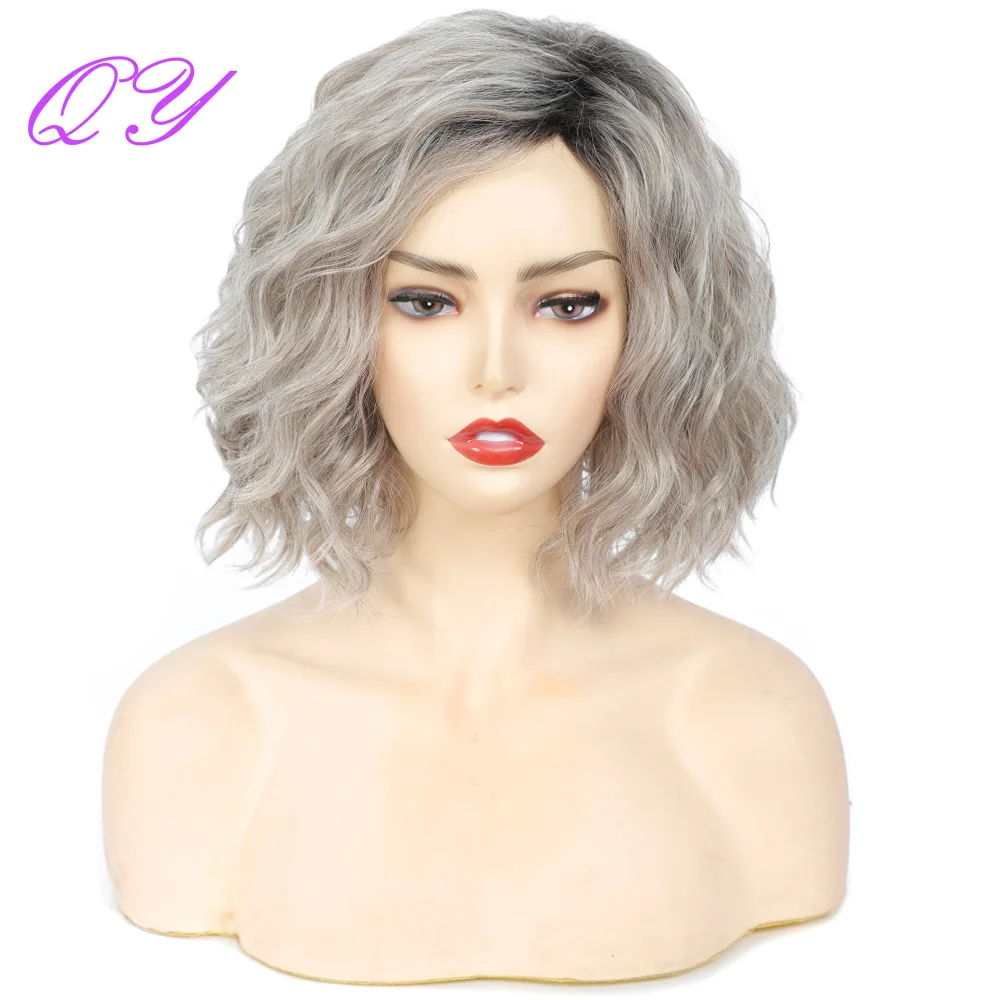 Natural Synthetic Short Women\'s Wigs Black Ombre Silver Gray Water Wave Hair Party Or Daily Fashion High Temperature Ladies Wig