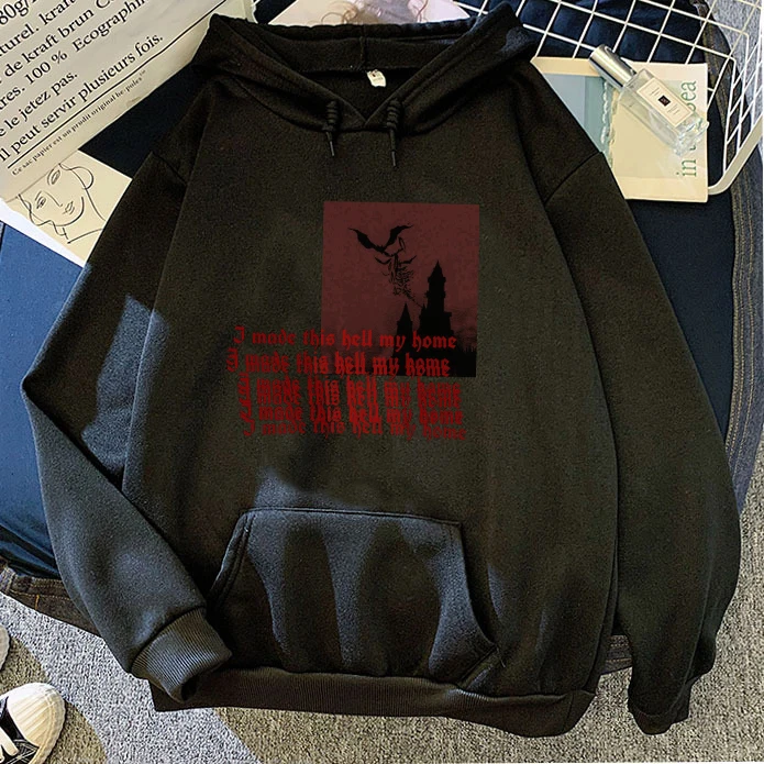 Made Hell My Home Letter Hoodie Gothic Top Grunge Style Horror Graphic Print Sweatshirt Harajuku Loose Vintage Ladies Hoodie