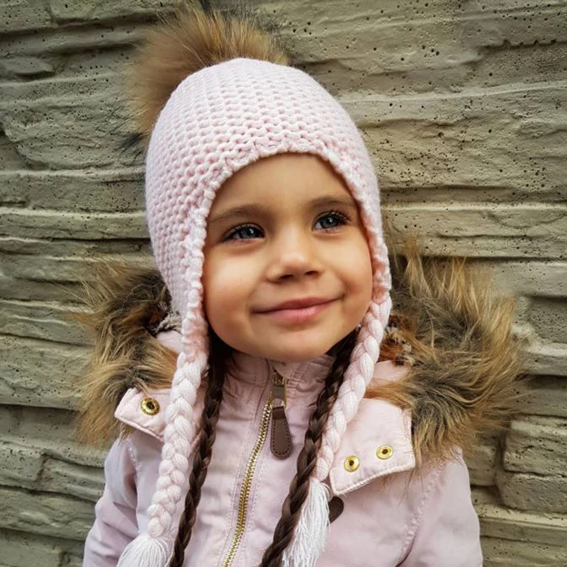 Furandom-Gorro con pompón para niño y niña, gorros de lana de punto con orejeras, gorro de ganchillo para bebé, novedad, moda de invierno