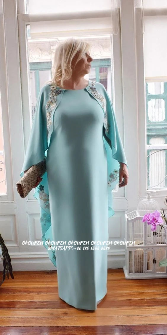 Plus Size Lange Moeder Van De Bruid/Bruidegom Jurken Voor Bruiloft Lange Capelet Applicaties Godmother Turquoise Blauw Avondjurken saudi