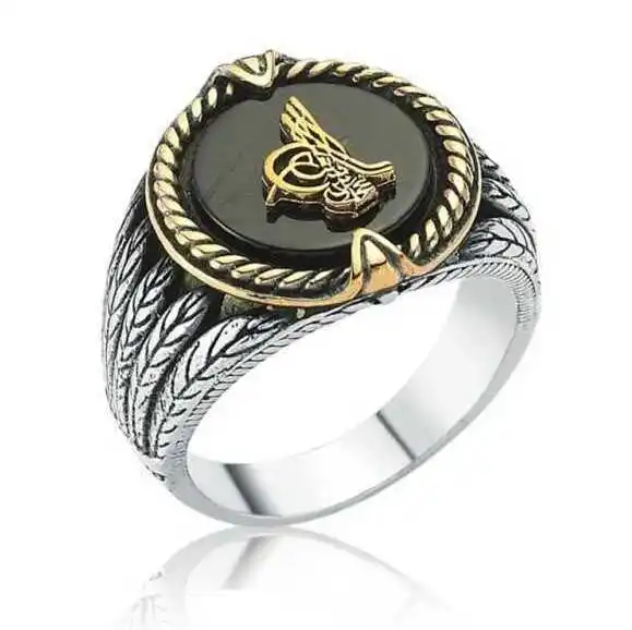 Silver Black Stone Elif Vav Men's Ring - 925 Sterling Men's Jewelry Wedding Birthday Gift - Box - Man - Fashion - Botiva - Size - Turkish - Patterned Embroidery