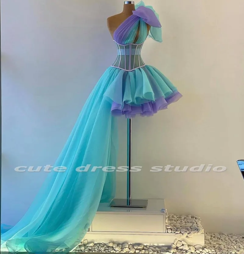 Lindo cor mista vestidos de baile um ombro arco espartilho superior cocktail runched feminino festa wear 2021