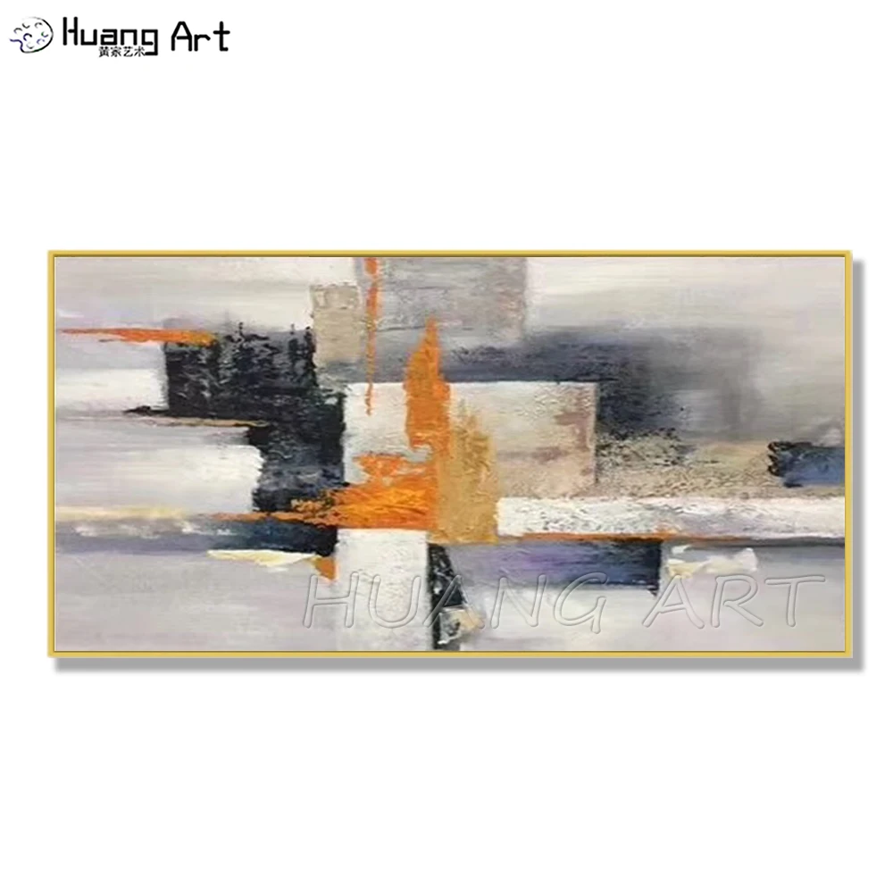 Free Shipping Abstract Oil Painting for Living Room Decor Hand-painted Orange Gray Color Grid Abstract Canvas Oil Painting