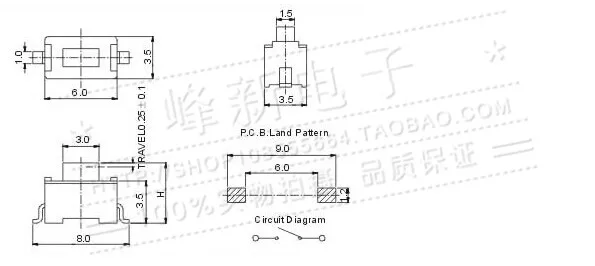 30Pcs 3.5*6*5 SMD 2 / two feet light touch, micro movement, small mini button switch