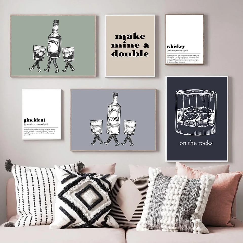 Modern Minimalist Bar Poster Kitchen Wall Art Canvas Painting Whiskey Cart Mural Family Restaurant Bar Decor Frameless Painting