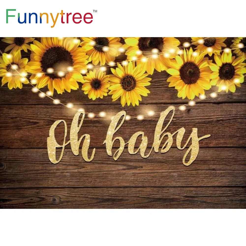 

Funnytree Oh Baby Shower Wood Backdrop Sunflowers Lights Banner Kids Birthday Party Gold Photozone Photo Shoot Props Background