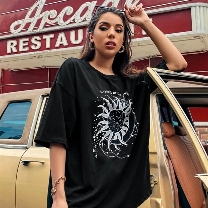 Women Short Sleeve Sun Moon Funny Printed T Shirt Cotton O-Neck Fashion Street Style Tops for Female