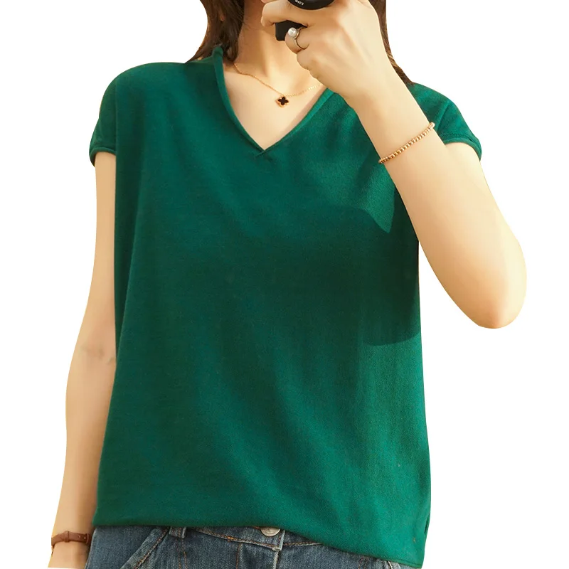 2021 V-neck pullover sweater women cotton Korean version is thin short-sleeved all-match summer T-shirt thin NS4780