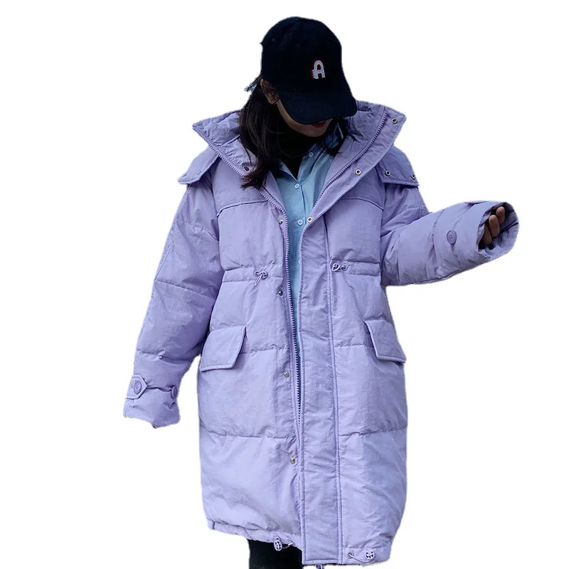 Women's down jacket white duck down long Korean version loose drawstring hat stand collar over knee stand collar trend coat