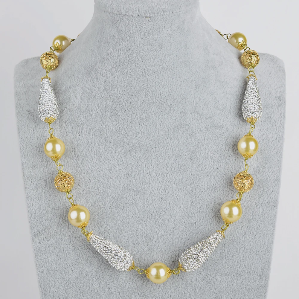 

22" 14mm Yellow Sea Shell Pearl Necklace CZ Pave Connector