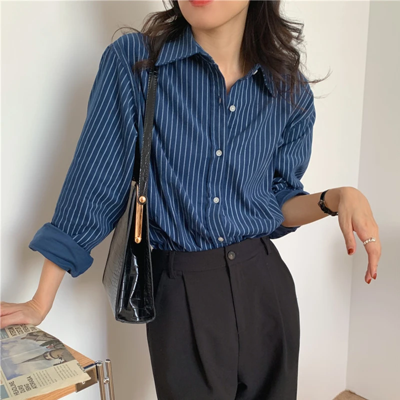 BL9352 New 2023 Spring Autunm Women\'s Blouses Fashionable Korean Striped Vintage Shirts Oversized Corduroy Elegant Lady Tops