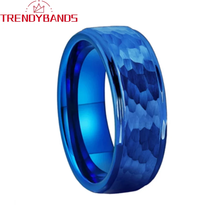 Blue 8mm 6mm Blue Tungsten Wedding Rings for Men Wemen Hammer Stepped Edges Engagement Domed Bands Brushed Finished Comfort Fit