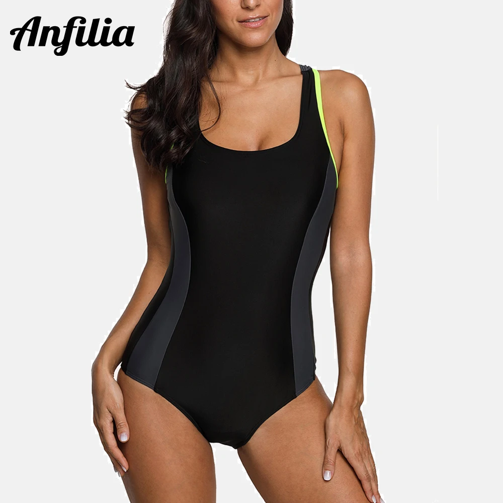 

Anfilia One Piece Women Sports Swimsuit Athlete Swimwear Colorblock Patchwork Backless Beach Wear Bathing Suit